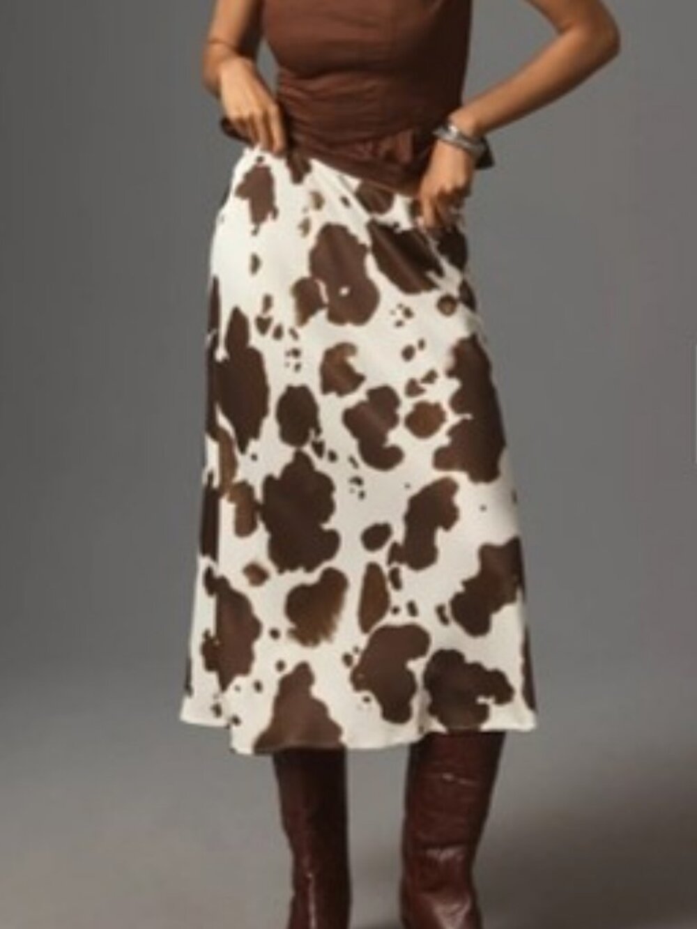 Anthropologie Tilda Midi Slip Skirt Cow Print Brown Off White M
